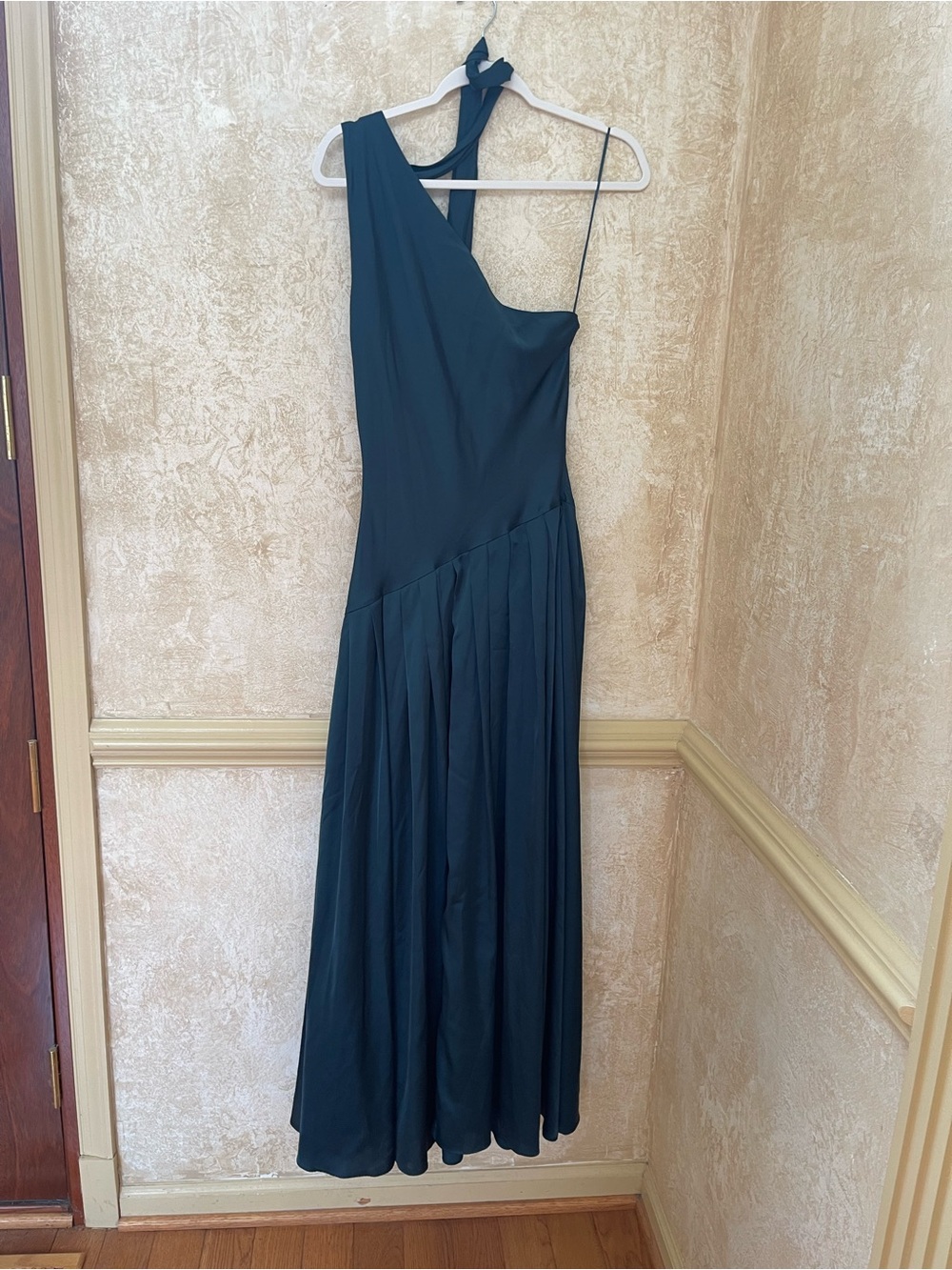 BHLDN One-Shoulder Scarf-Neck Asymmetric Formal Maxi Dress Teal Green Sz M - Picture 6 of 16